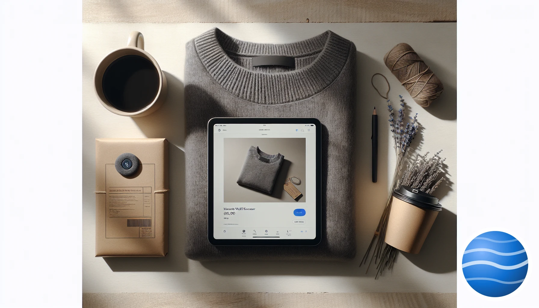 A tablet on a folded sweater showing an ecommerce product page with a small blue Spelo voice button