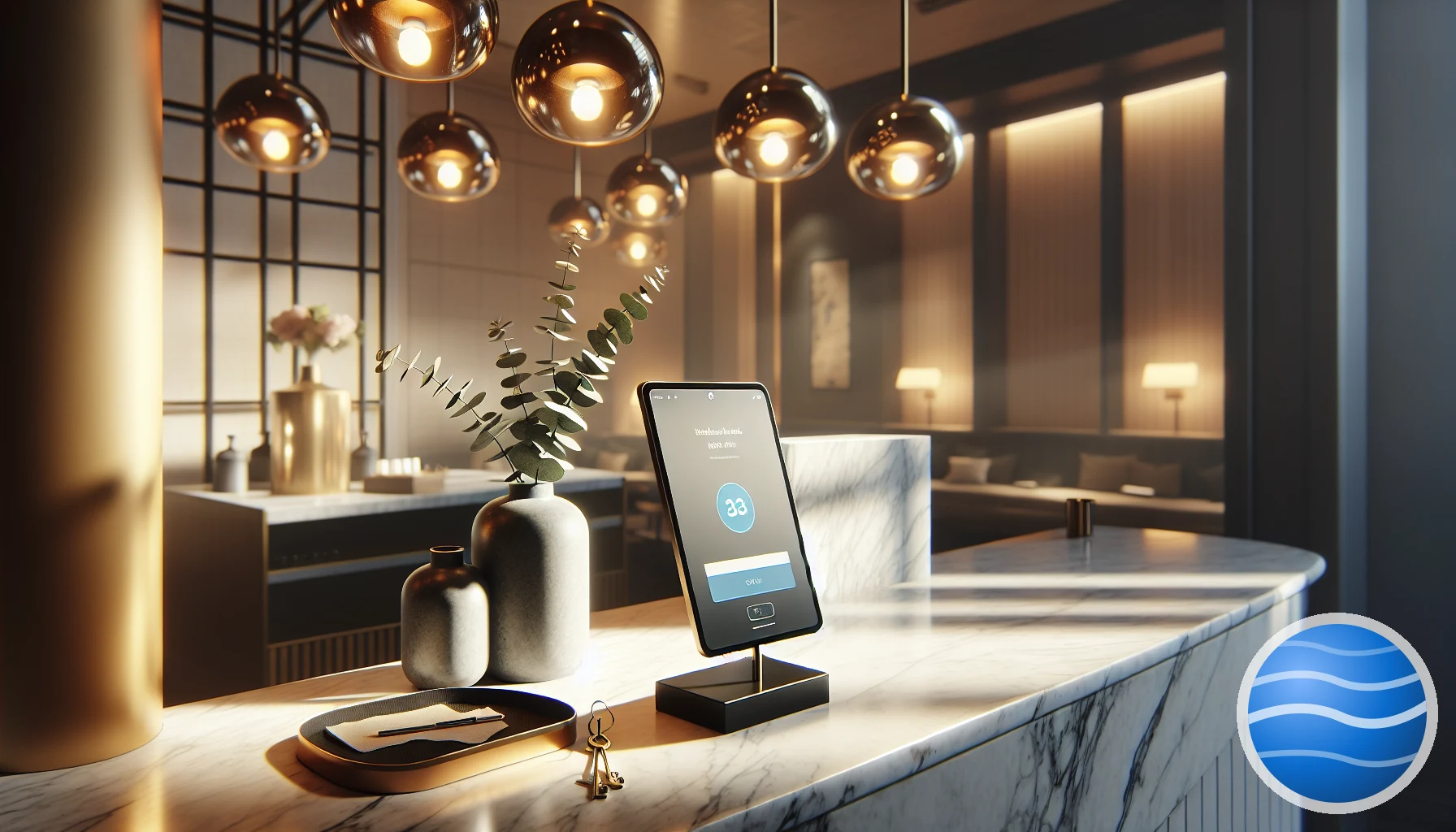 A boutique hotel reception desk at golden hour with a tablet showing a hotel website and a small blue Spelo voice button