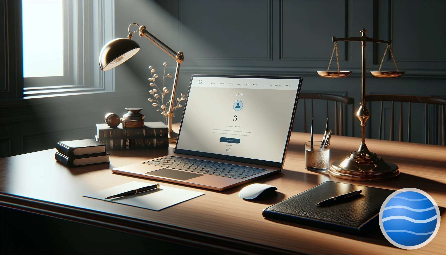 A modern law office desk with a brass lamp, leather portfolio, and laptop showing a website with a small blue Spelo voice button