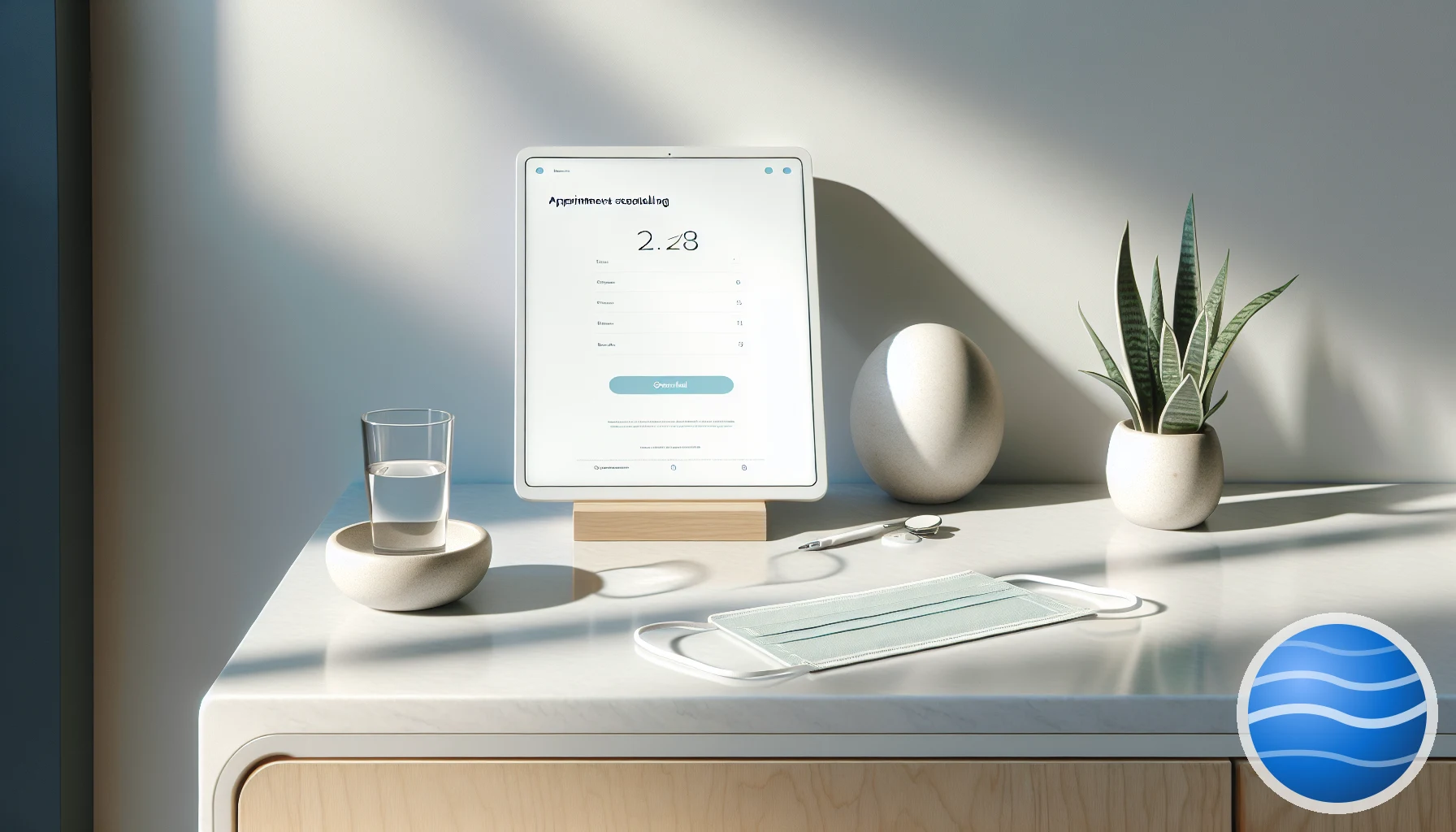 A calm modern dental practice front desk with a tablet showing an appointment booking page and a small blue Spelo voice button