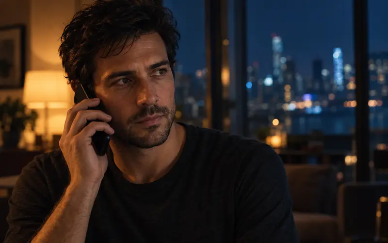 A man listening on a phone call at night.