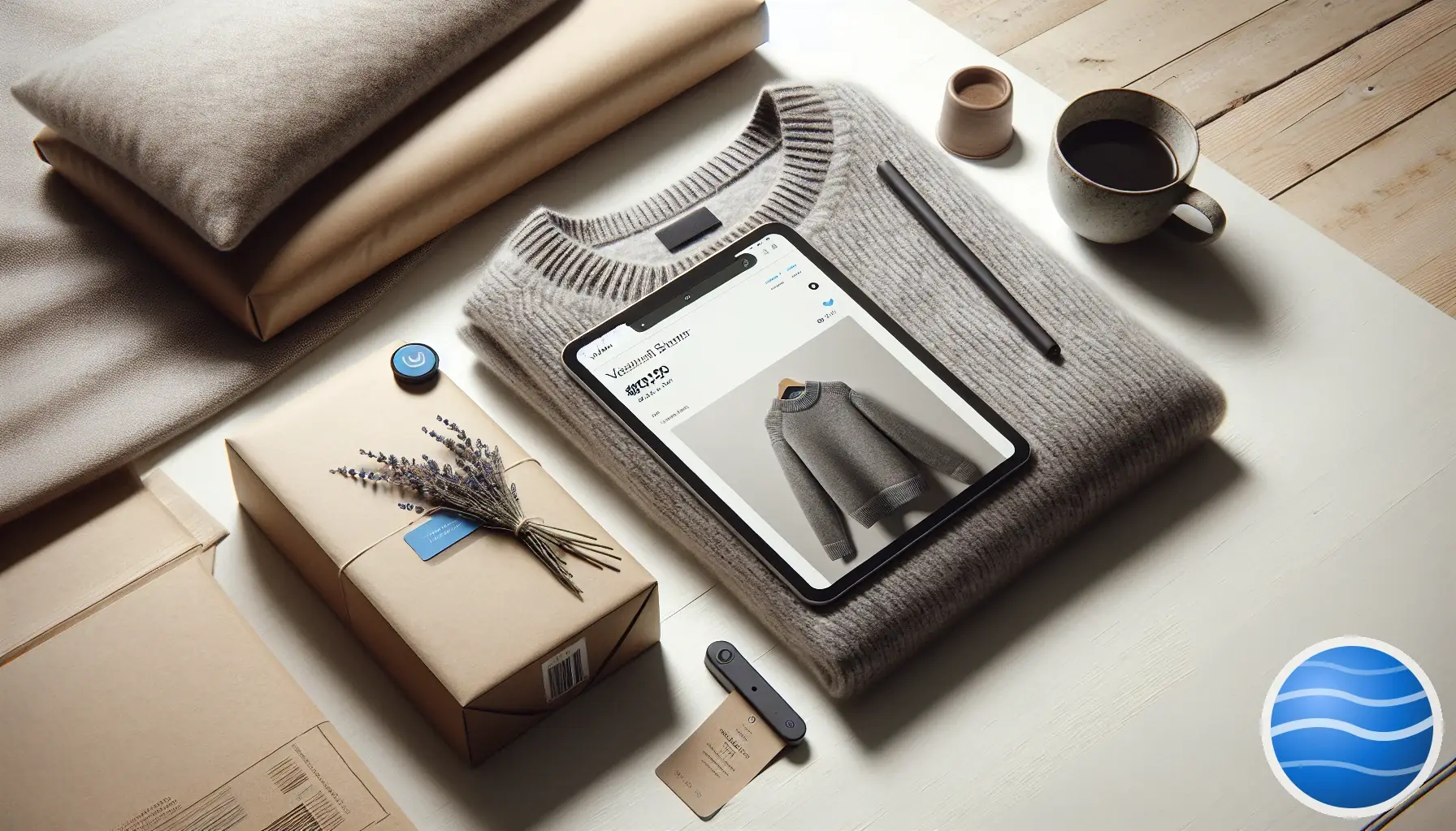 A tablet on a folded wool sweater showing an ecommerce product page, Spelo voice button visible in the corner