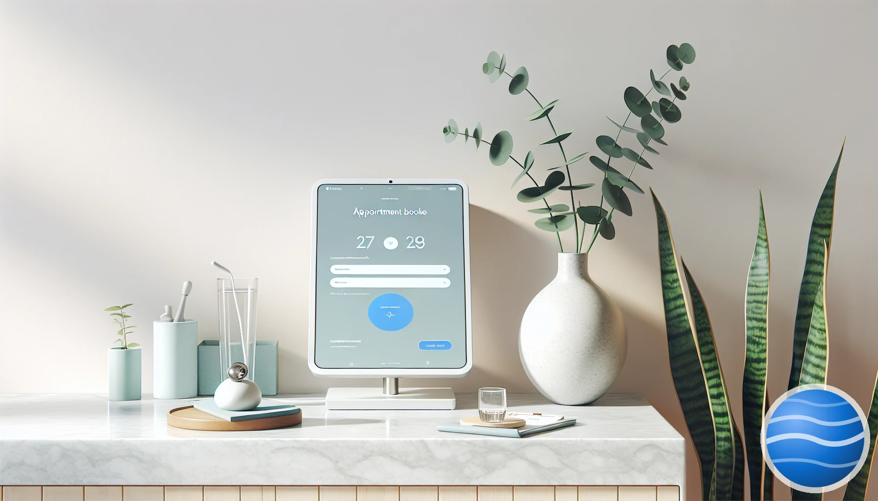 A modern clinic reception desk with a tablet showing an appointment-booking page, Spelo voice button in the corner