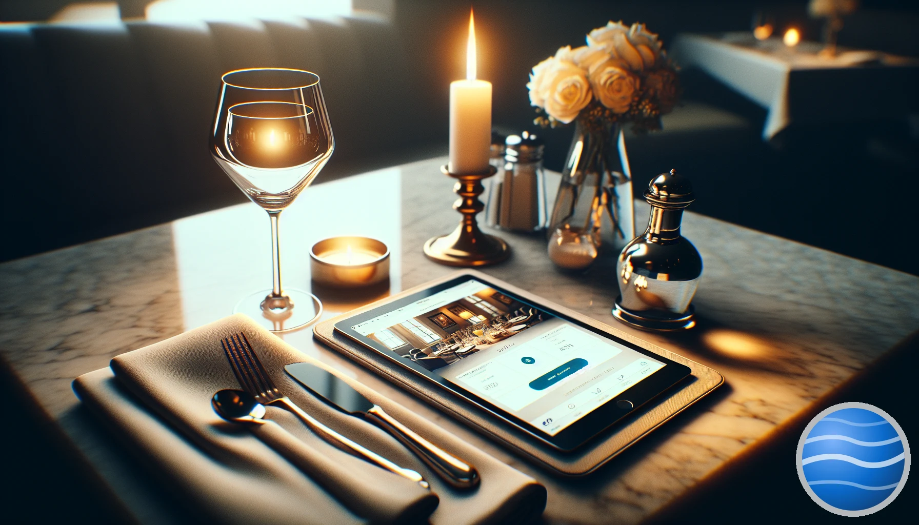 A marble restaurant table at dusk with candles and a tablet showing a reservation page, Spelo voice button in the corner